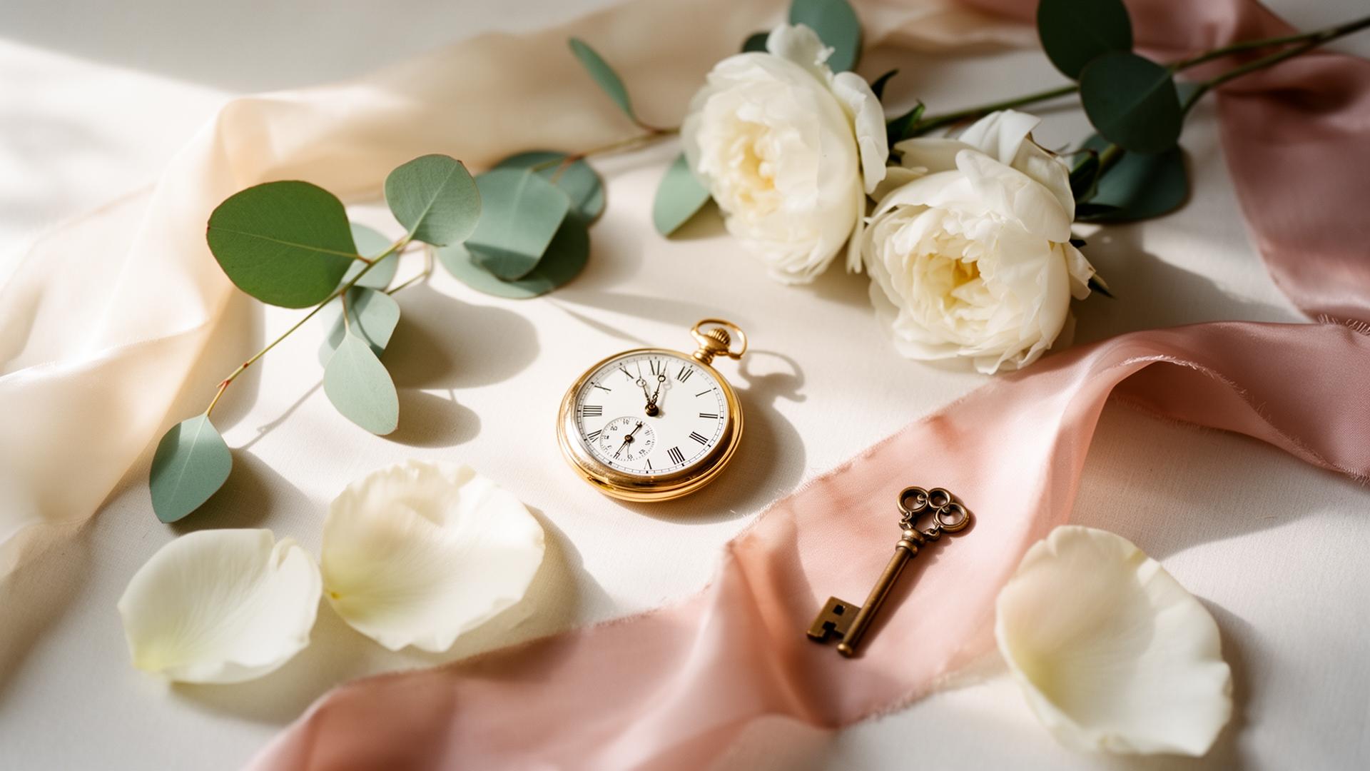 Romantic wedding flat-lay with peonies and silk ribbons